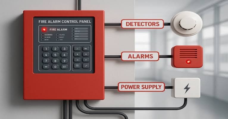 Typical fire alarm control panel wiring — detectors, alarms and power supply engineered as one integrated loop